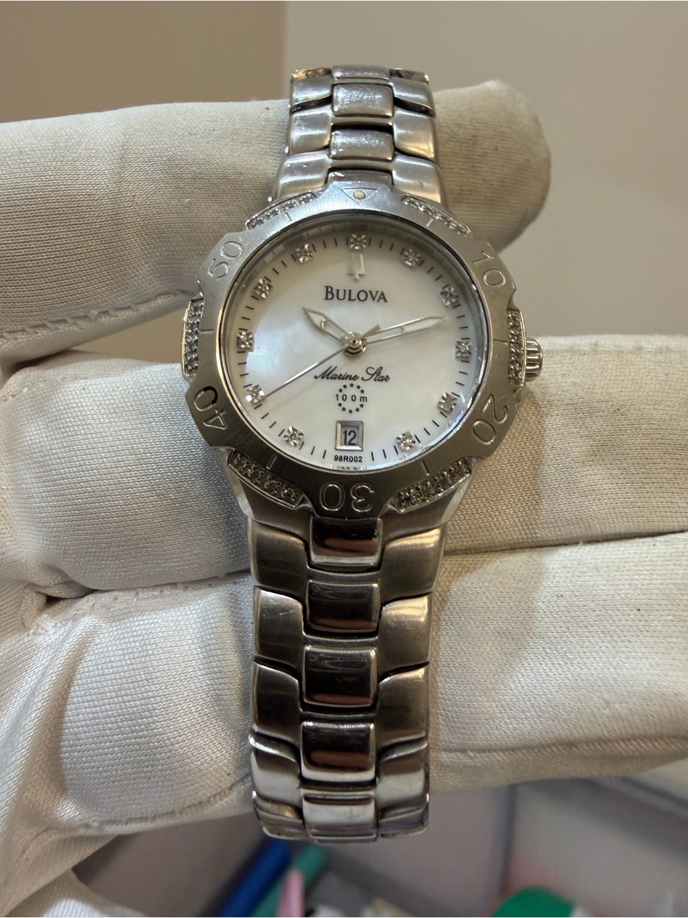 Bulova Marine Star C8333016 Womens Diamond Watch Mother of Pearl Steel A8